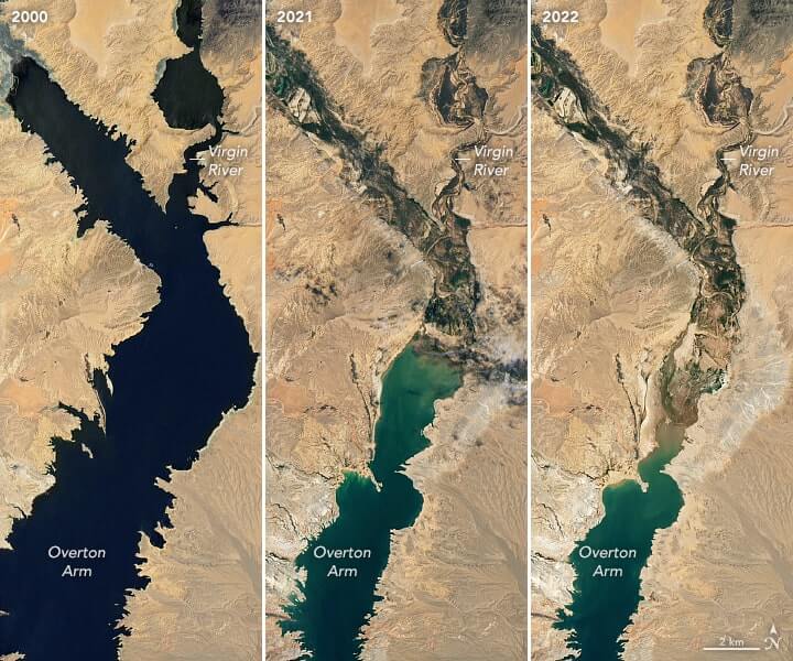 Satelitten-Aufnahmen des Lake Mead (USA) aus dem Jahr 2000, 2021 und 2022. Es zeigt, dass das Wasser im See extrem zurückgegangen ist und die Wasserkrise vor Ort sich verschärft.