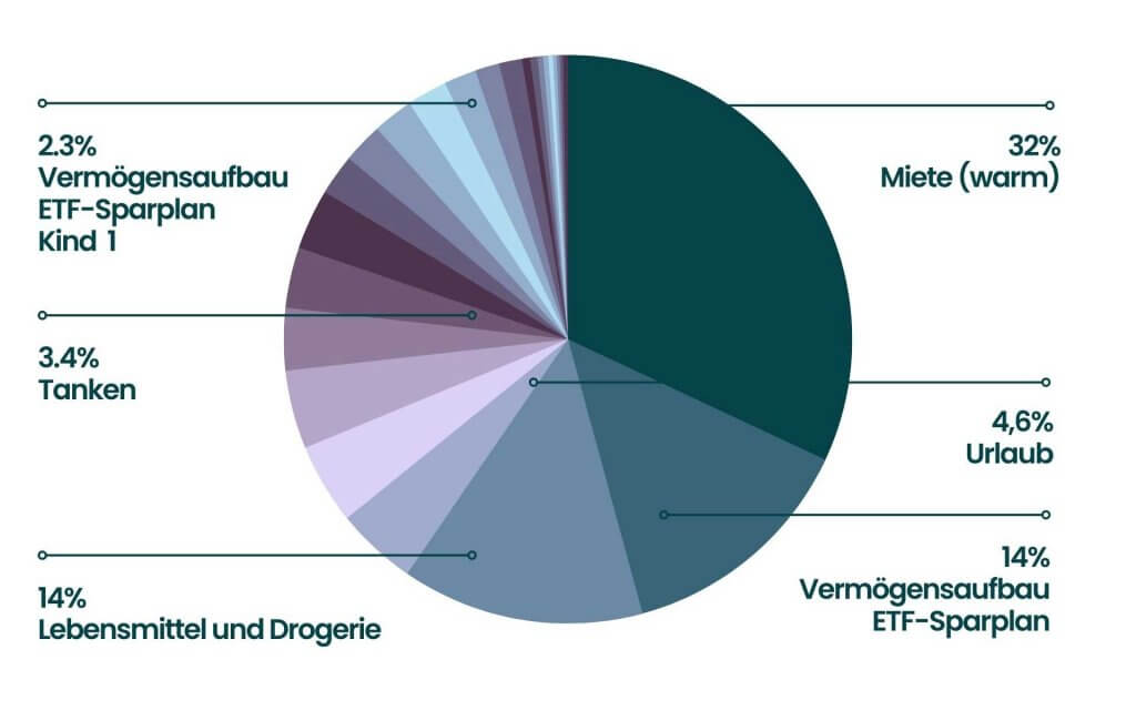 Balkendiagramm der perönlichen Ausgaben für Miete, Lebensmittel, Konsum, Mobilität und Sparen - Finanzen im Griff - grün, bullisch