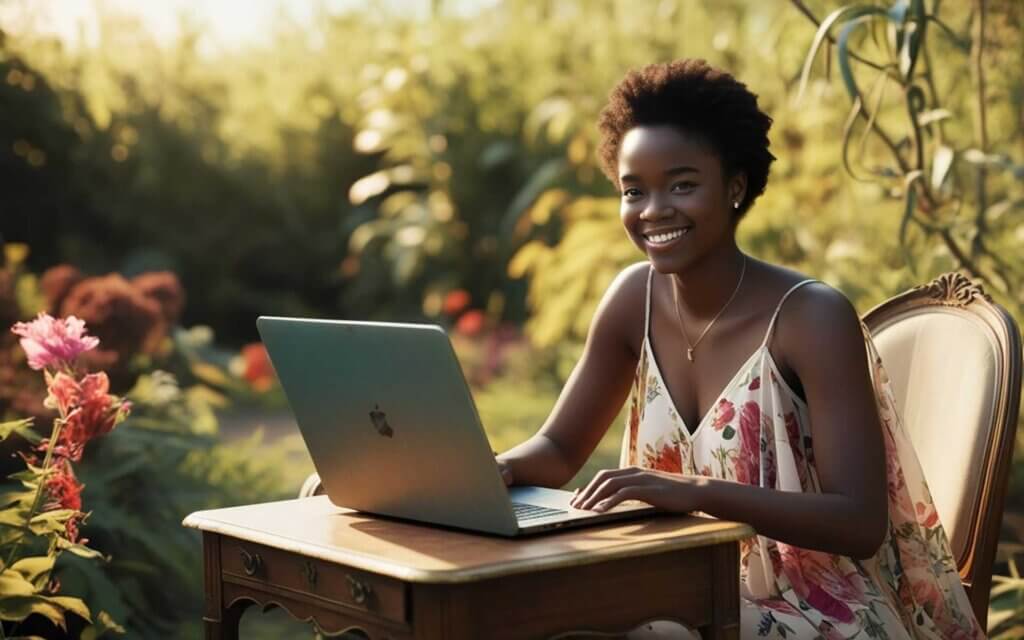 Eine Frau sitzt in einem Garten an einem Computer und erstellt ihren persönlichen privaten Finanzplan für finanzielle Stabilität. Sie verwendet dabei die kostenlose Vorlage »privater Finanzplan Excel" von gruen-bullisch.de